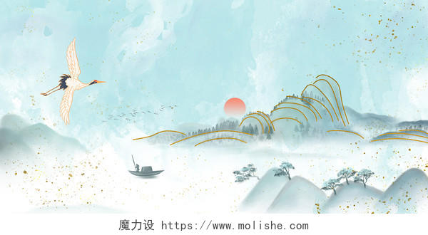 蓝色中国古风风景金线水墨山水海报背景